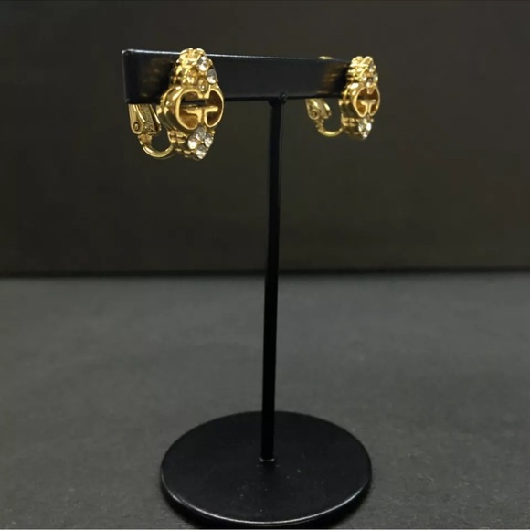 Authentic GIVENCHY GG Logo Rhinestone Gold Tone Earrings - Picture 3 of 8